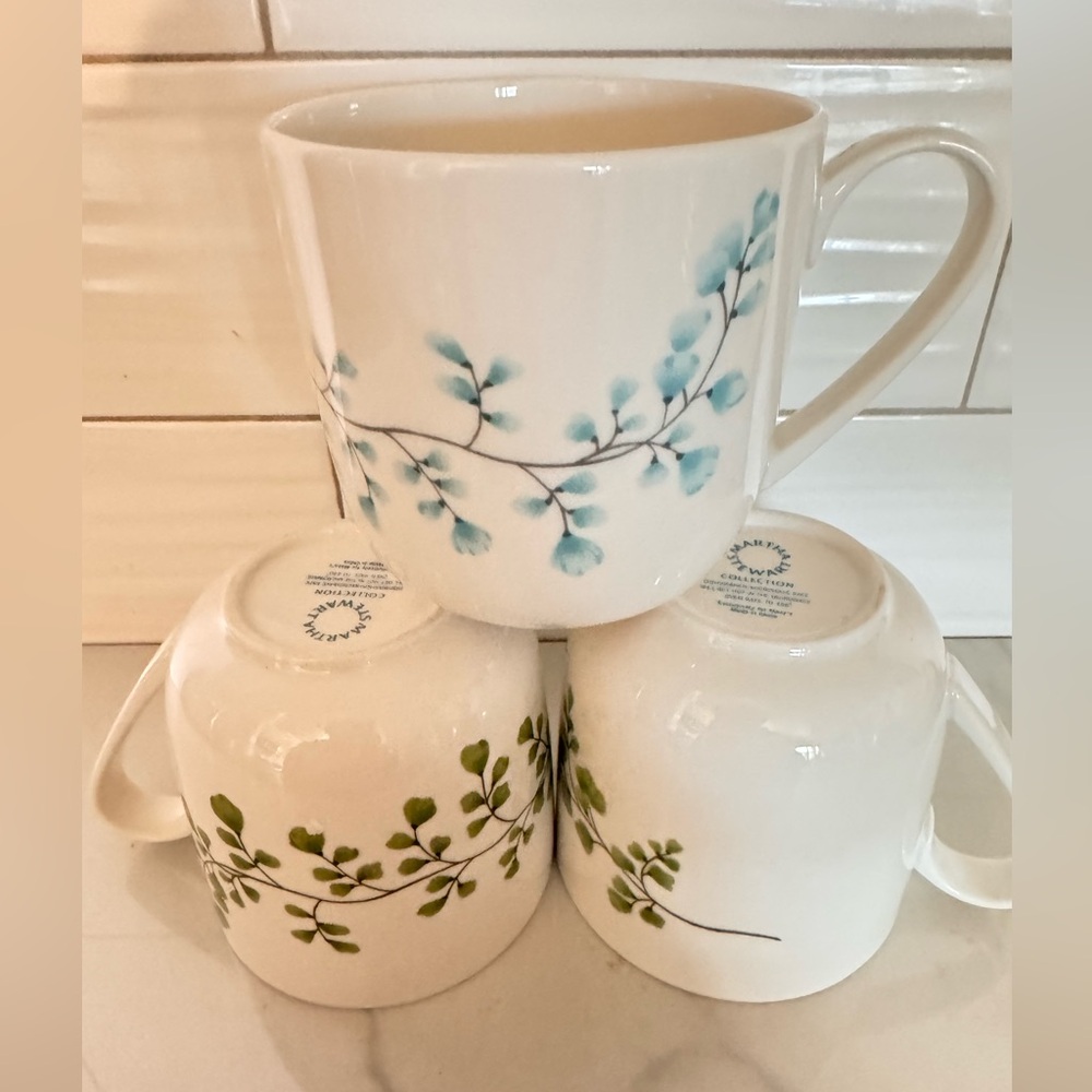 RARE Martha Steward Maidenhair Fern Blue and Green Mugs Set of 3
